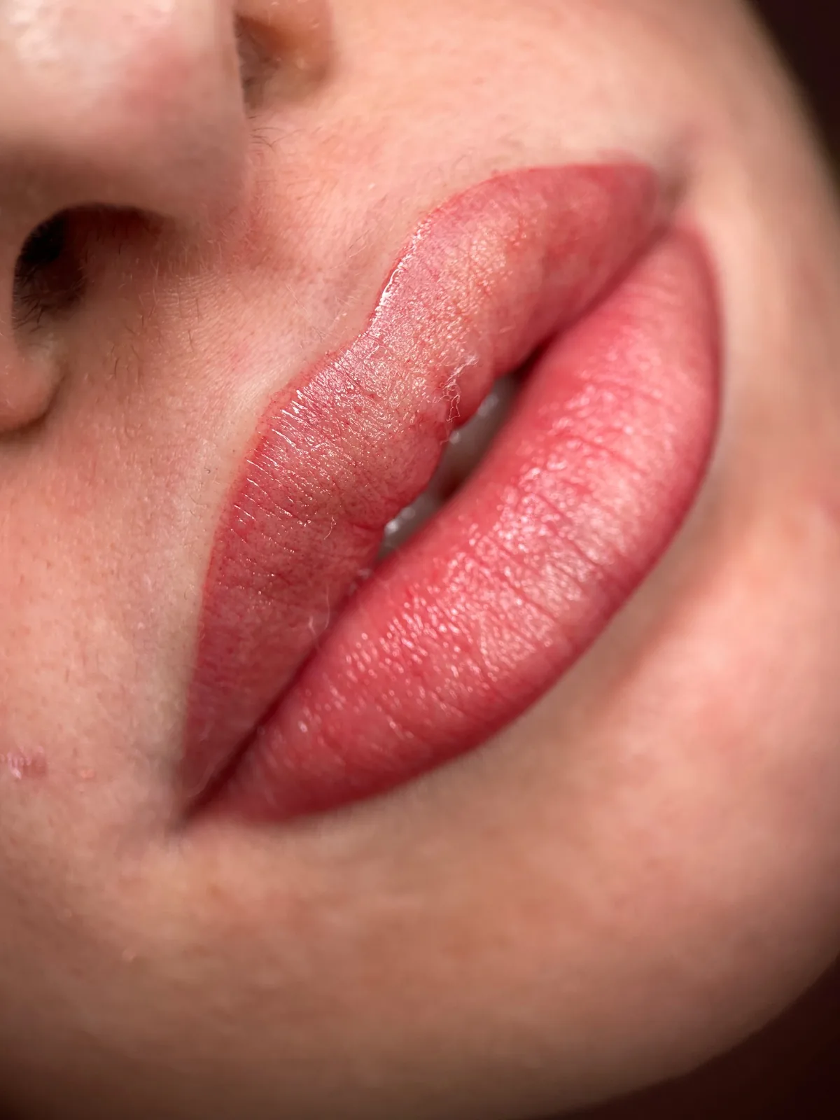 Primer plano de labios con micropigmentación en tono rojizo y acabado natural